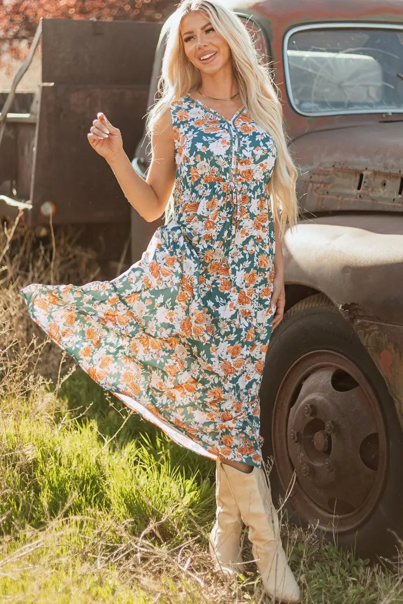 Green Floral Print Trimmed V Neck Tie Waist Sleeveless Dress - Love Salve